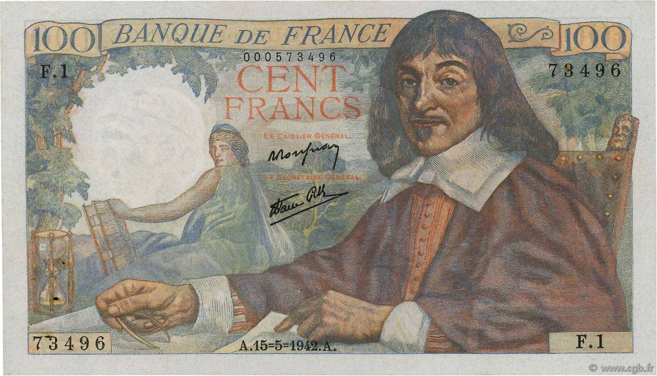 100 Francs DESCARTES FRANCE  1942 F.27.01 pr.SPL