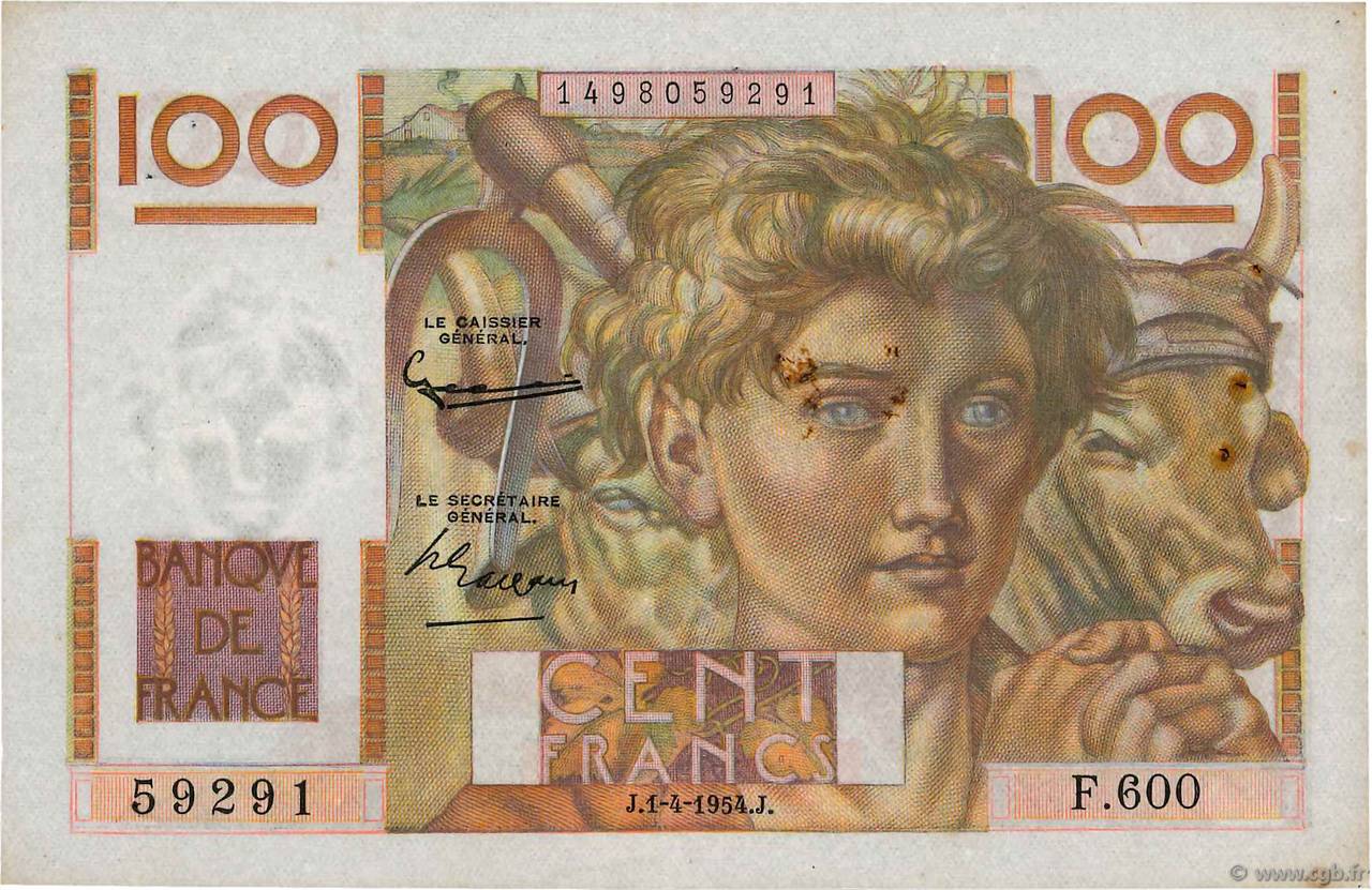 100 Francs JEUNE PAYSAN FRANCE  1954 F.28.43 pr.SUP