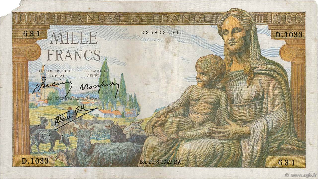 1000 Francs DÉESSE DÉMÉTER FRANCE  1942 F.40.05 B