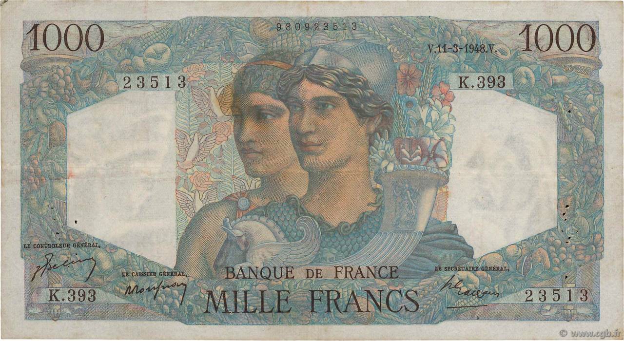 1000 Francs MINERVE ET HERCULE FRANCE  1948 F.41.19 TB+