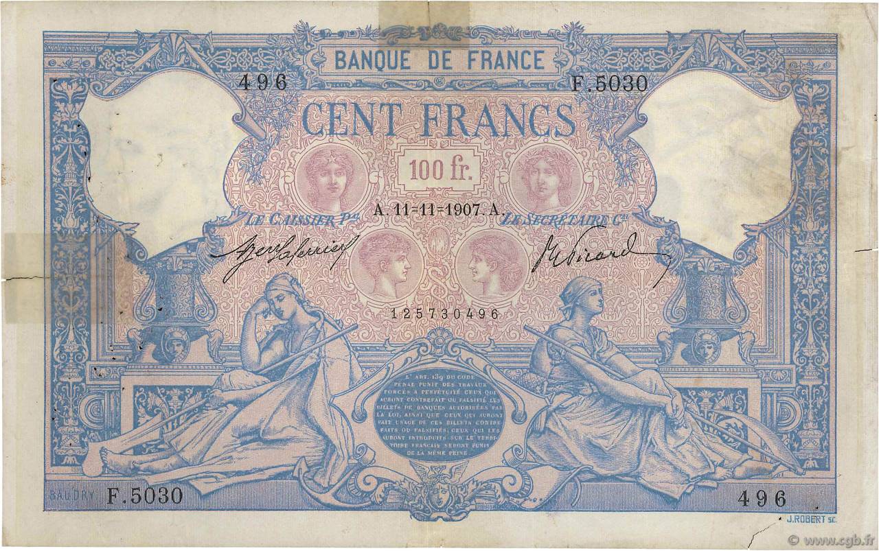 100 Francs BLEU ET ROSE FRANKREICH  1907 F.21.22 S