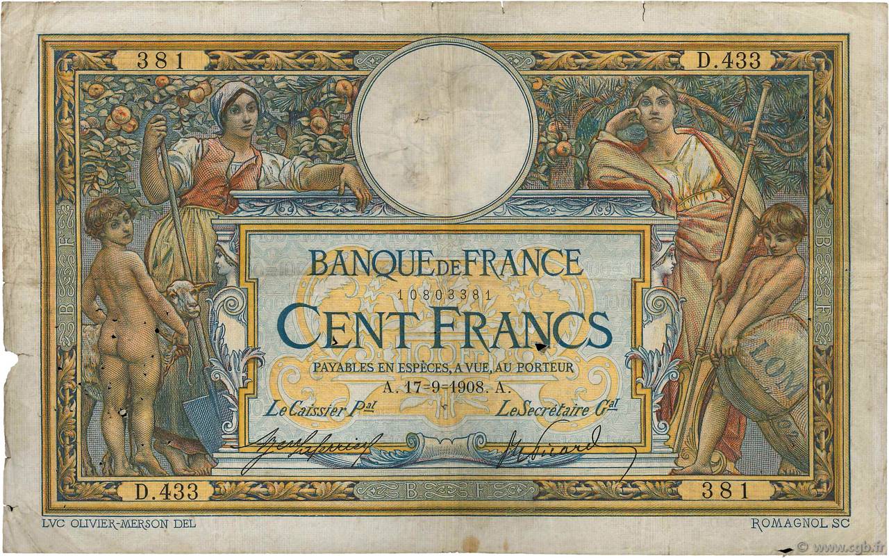 100 Francs LUC OLIVIER MERSON avec LOM FRANCE  1908 F.22.01 B