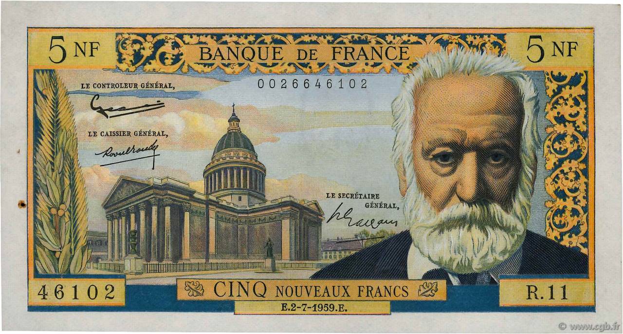 5 Nouveaux Francs VICTOR HUGO FRANKREICH  1959 F.56.02 VZ+