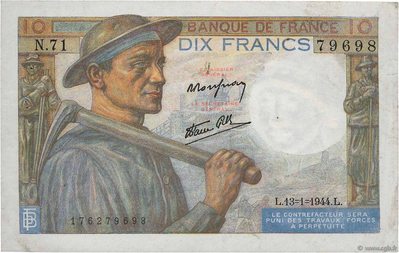 10 Francs MINEUR FRANCE  1944 F.08.10 TTB