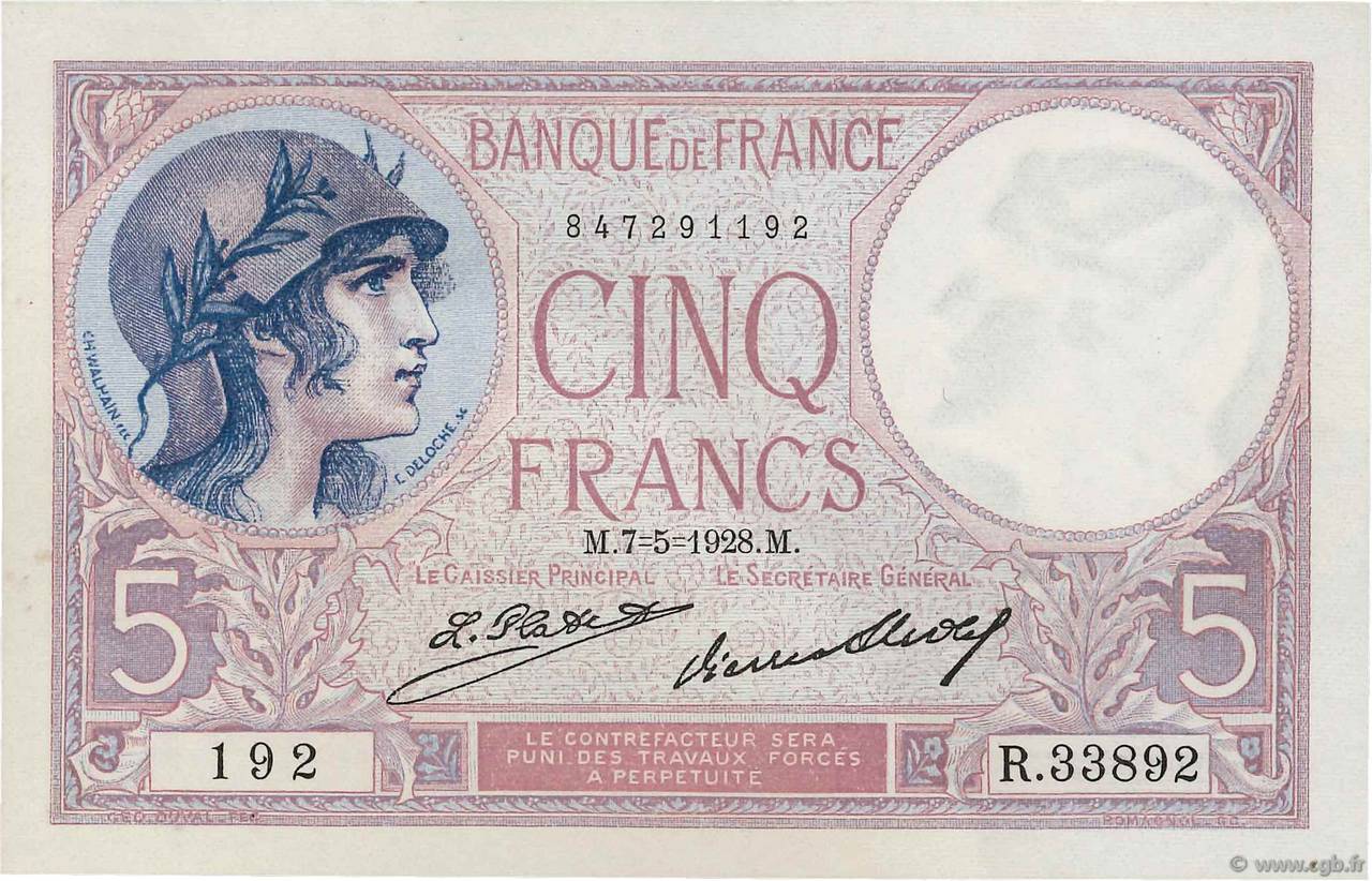 5 Francs FEMME CASQUÉE FRANCE  1928 F.03.12 SUP+