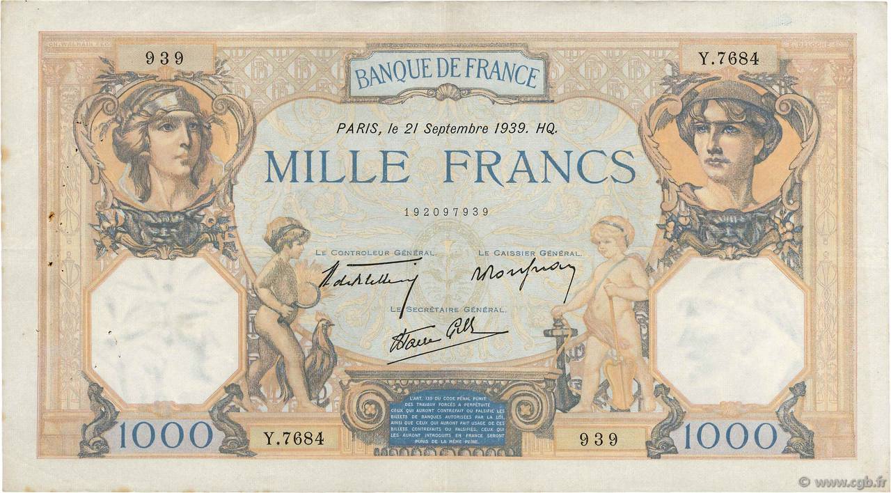 1000 Francs CÉRÈS ET MERCURE type modifié FRANCE  1939 F.38.37 TTB