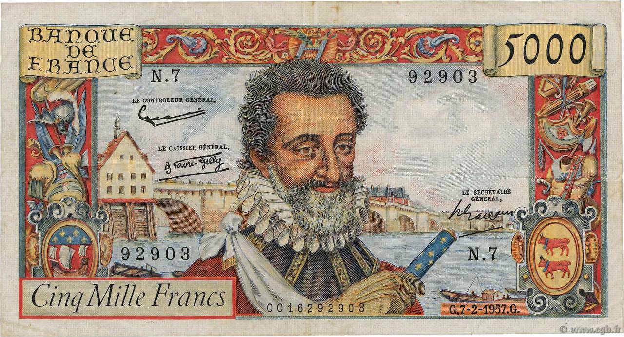 5000 Francs HENRI IV FRANCE  1957 F.49.01 TB