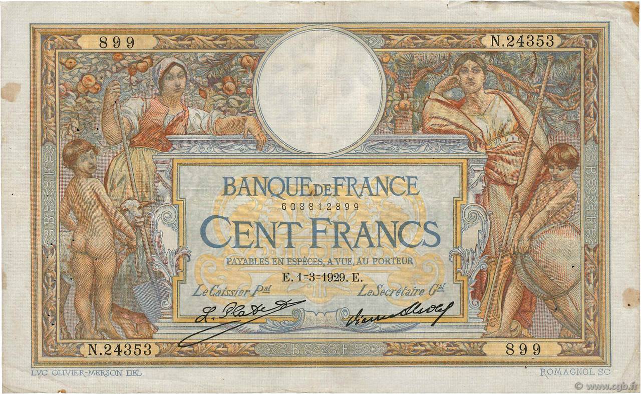 100 Francs LUC OLIVIER MERSON grands cartouches FRANCE  1929 F.24.08 pr.TB