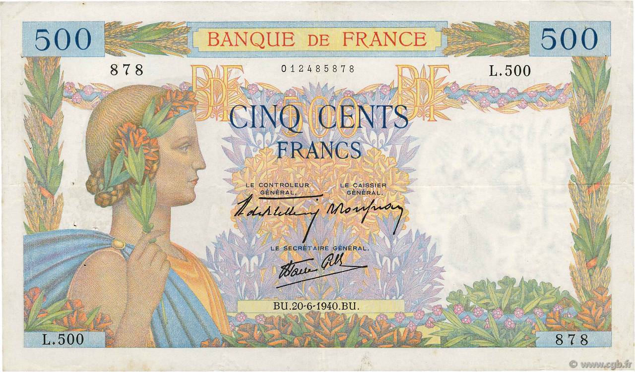 500 Francs LA PAIX FRANCE  1940 F.32.03 TTB