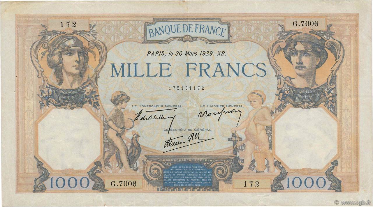 1000 Francs CÉRÈS ET MERCURE type modifié FRANCE  1939 F.38.35 pr.TTB