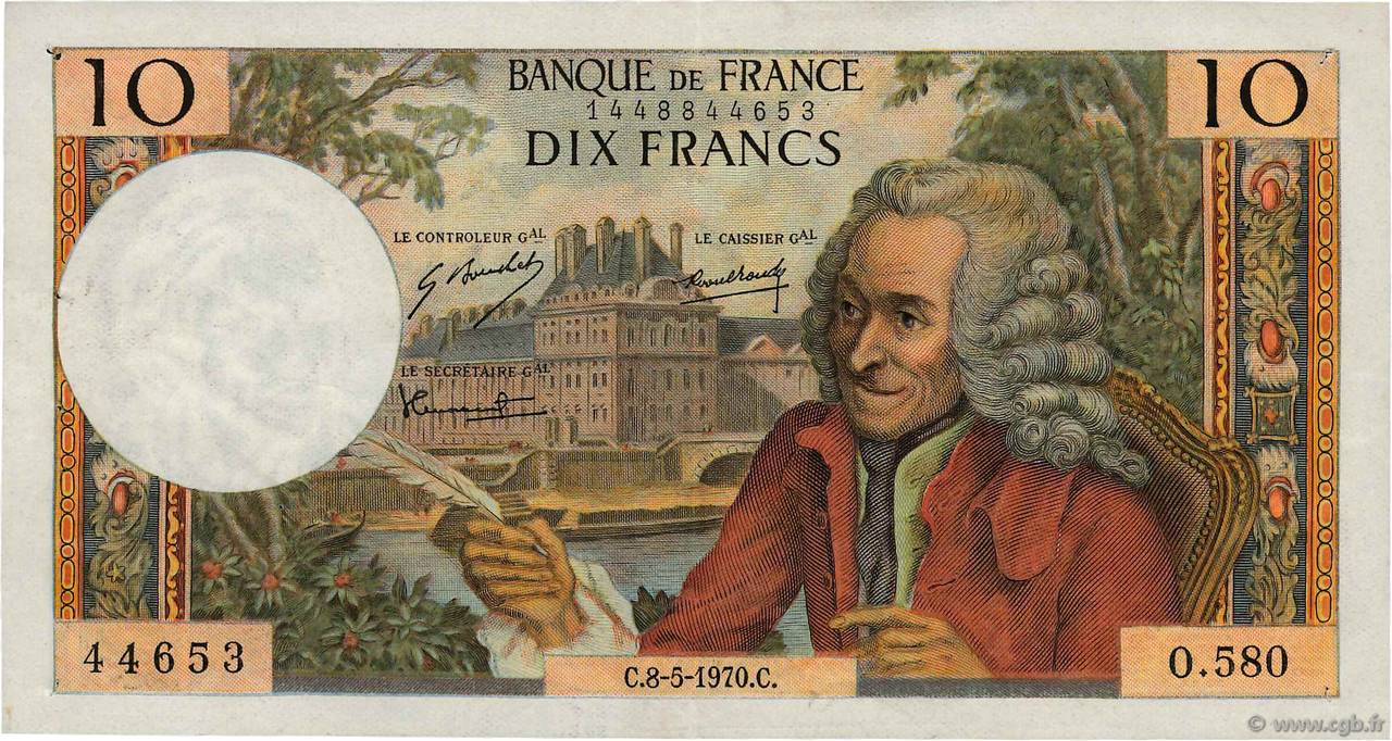 10 Francs VOLTAIRE FRANCE  1970 F.62.44 XF-