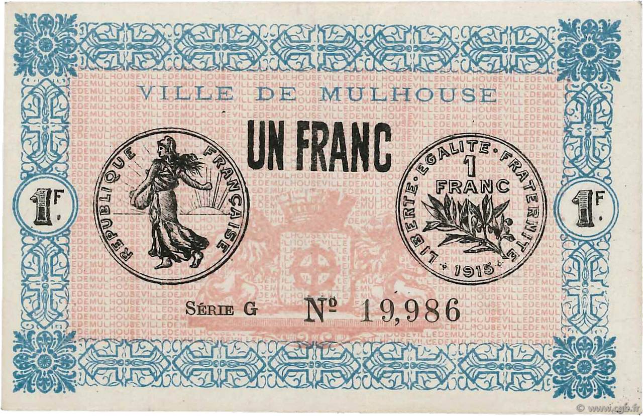 1 Franc FRANCE regionalismo e varie Mulhouse 1918 JP.132.02 SPL+