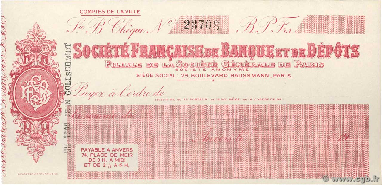 Francs FRANCE régionalisme et divers Paris 1910 DOC.Chèque SPL