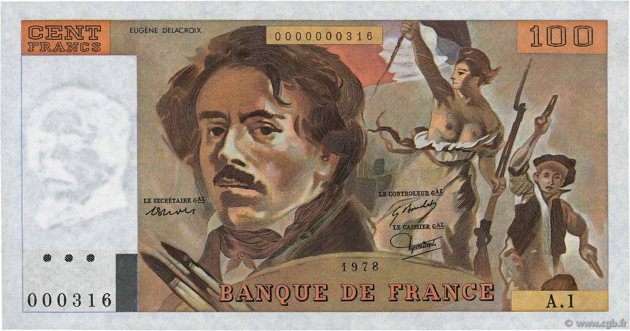 100 Francs DELACROIX Petit numéro FRANCE  1978 F.68.01A1 UNC-
