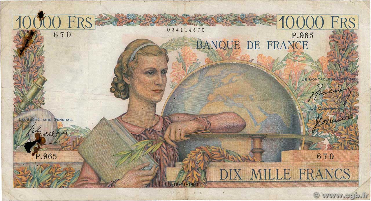 10000 Francs GÉNIE FRANÇAIS FRANCE  1950 F.50.41 B