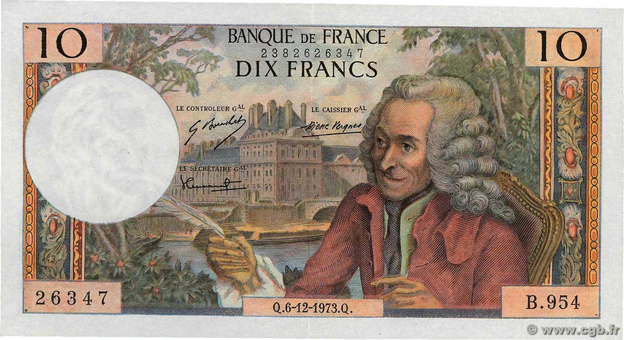 10 Francs VOLTAIRE Grand numéro FRANCE  1973 F.62.65 XF