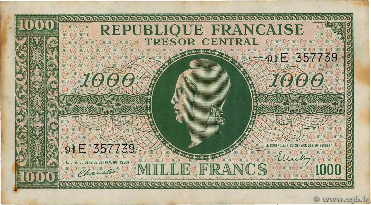 1000 Francs MARIANNE THOMAS DE LA RUE FRANKREICH  1945 VF.13.02 S