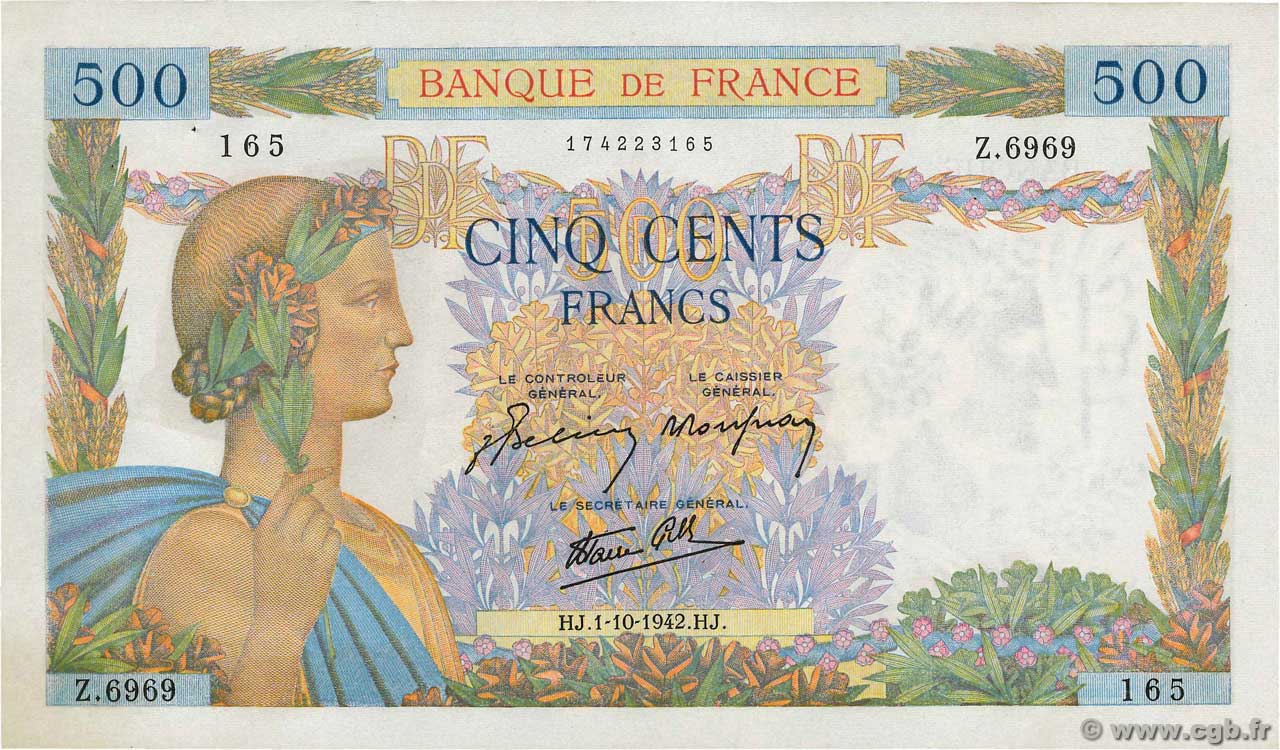 500 Francs LA PAIX FRANCIA  1942 F.32.41 AU