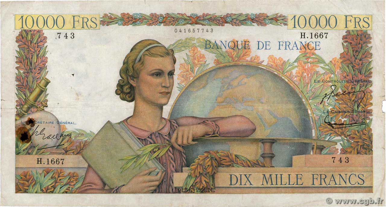 10000 Francs GÉNIE FRANÇAIS FRANCE  1951 F.50.52 B