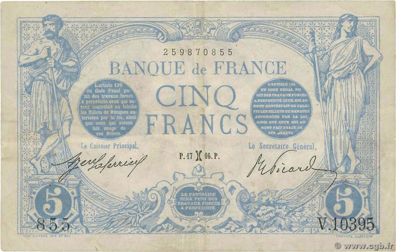 5 Francs BLEU FRANCE  1916 F.02.36 VF-