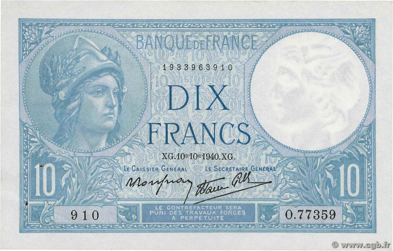 10 Francs MINERVE modifié FRANCE  1940 F.07.16 SUP+