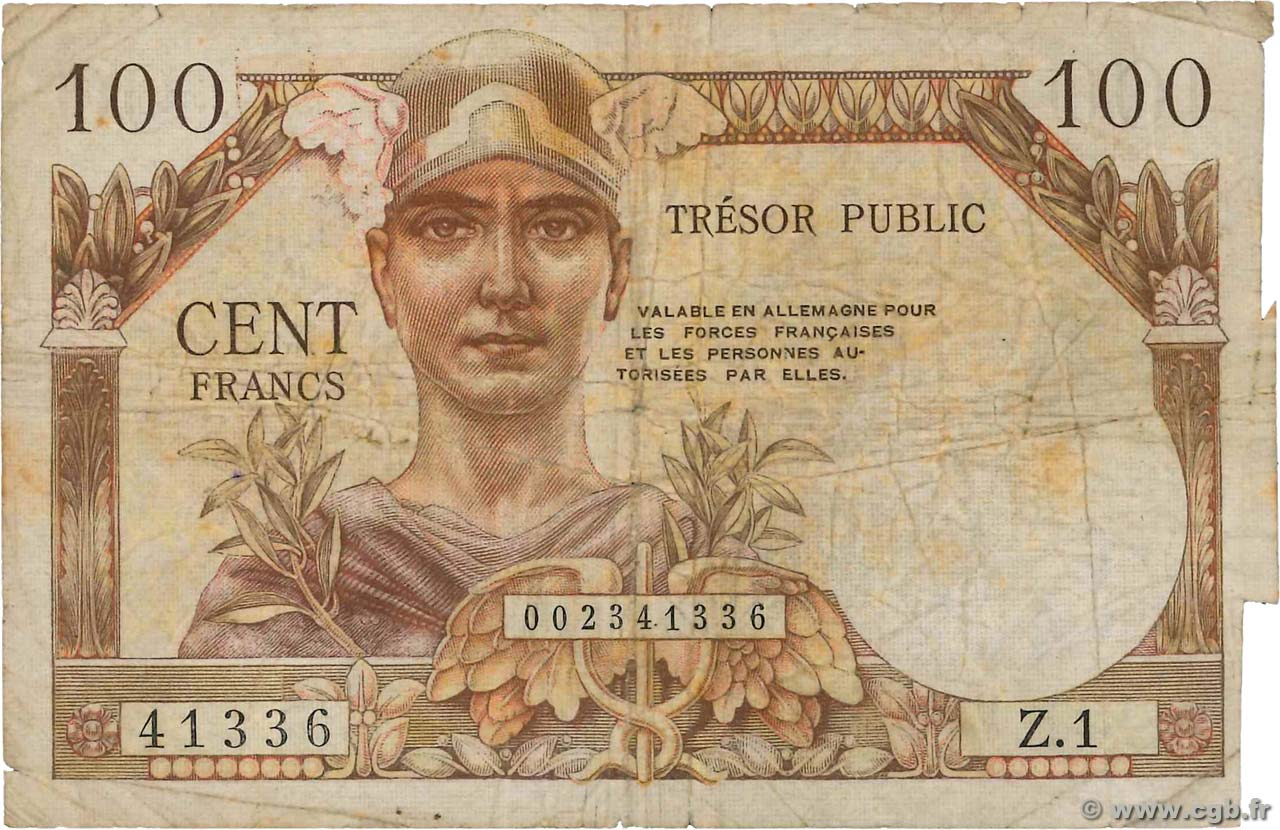 100 Francs TRÉSOR PUBLIC FRANCE  1955 VF.34.01 B
