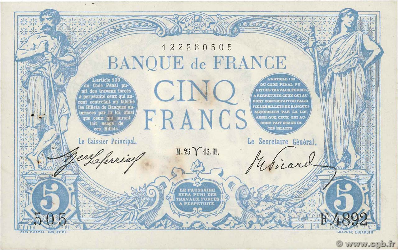 5 Francs BLEU FRANKREICH  1915 F.02.25 VZ