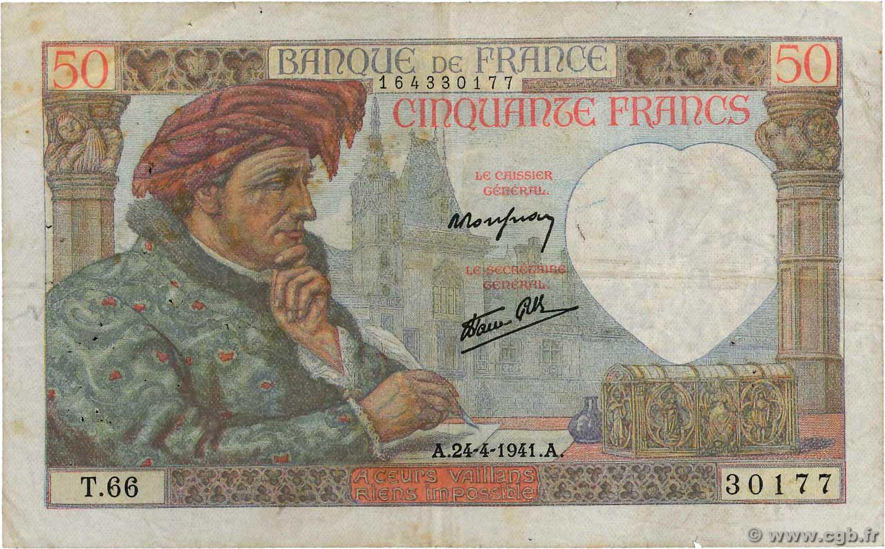 50 Francs JACQUES CŒUR FRANCE  1941 F.19.09 TB