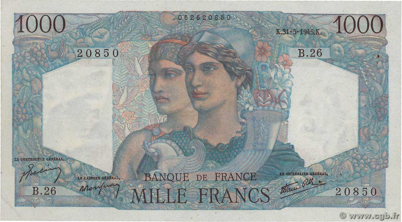 1000 Francs MINERVE ET HERCULE FRANCIA  1945 F.41.03 MBC+