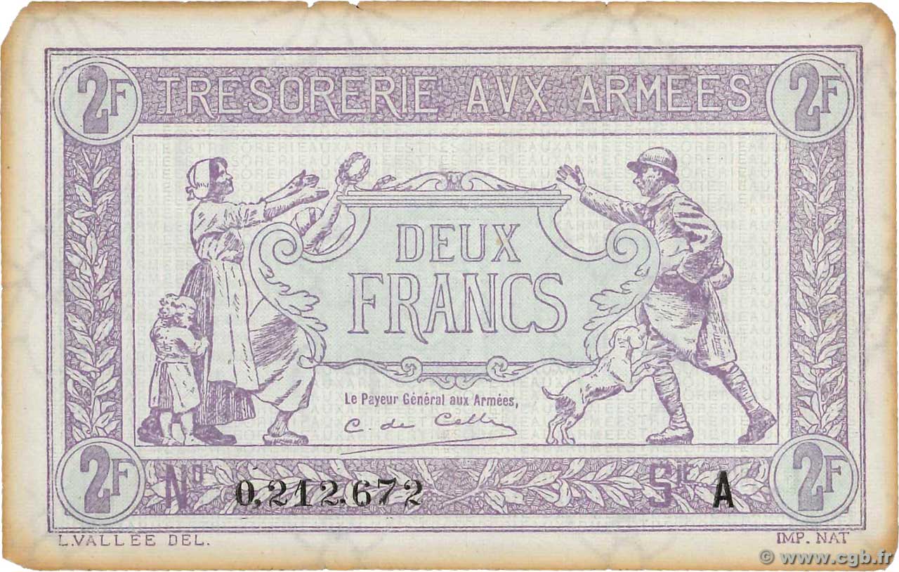 2 Francs TRÉSORERIE AUX ARMÉES FRANCIA  1917 VF.05.01 q.SPL