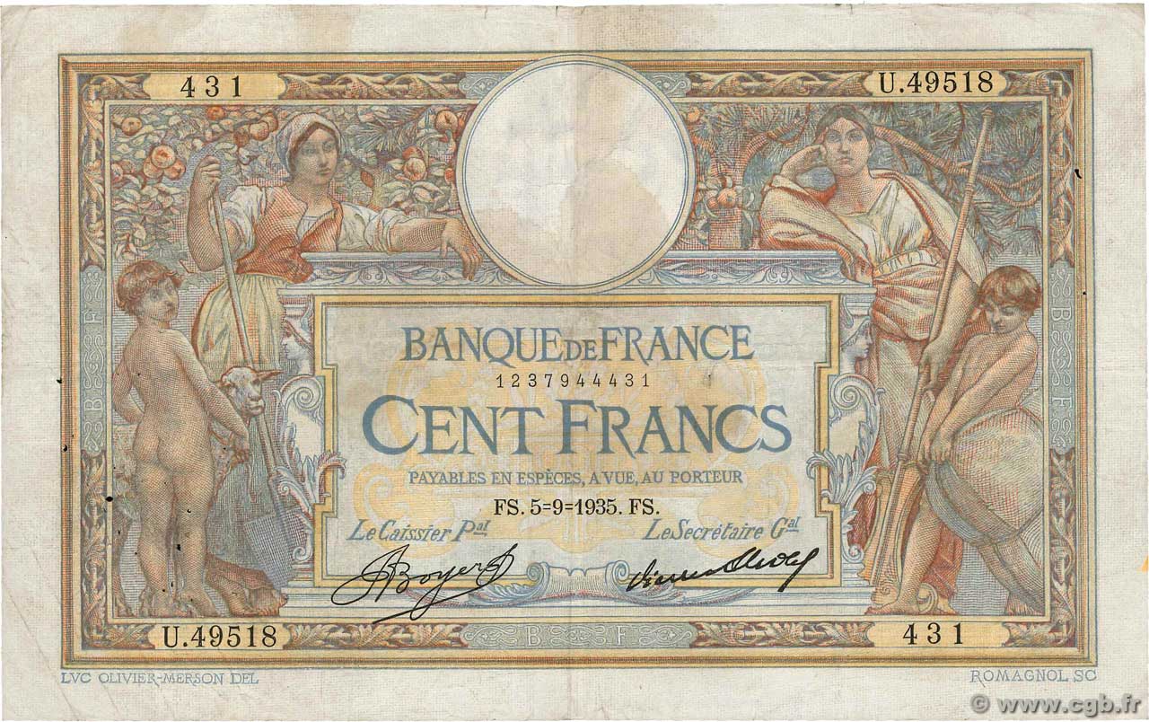 100 Francs LUC OLIVIER MERSON grands cartouches FRANCE  1935 F.24.14 TB