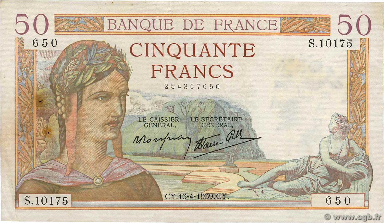 50 Francs CÉRÈS modifié FRANCE  1939 F.18.25 VF-