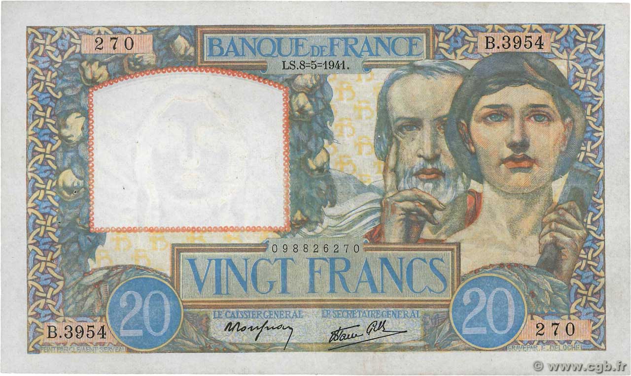 20 Francs TRAVAIL ET SCIENCE FRANCE  1941 F.12.14 TTB