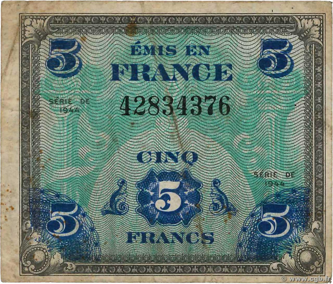 5 Francs DRAPEAU FRANCIA  1944 VF.17.01 MB
