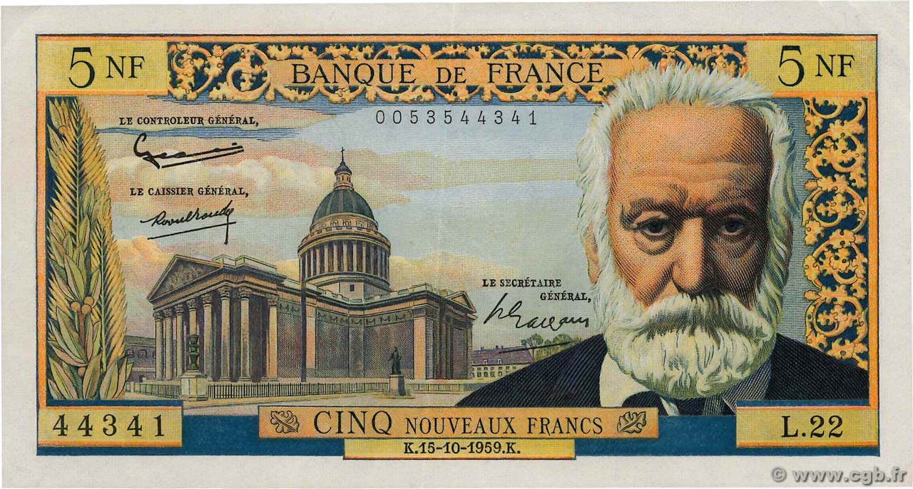 5 Nouveaux Francs VICTOR HUGO FRANCIA  1959 F.56.03 EBC+