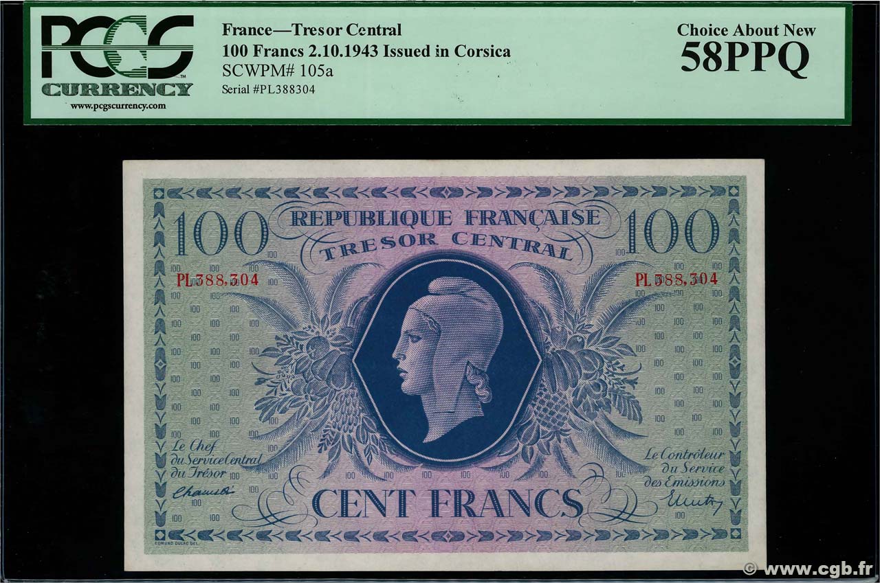 100 Francs MARIANNE FRANCE  1943 VF.06.01e AU