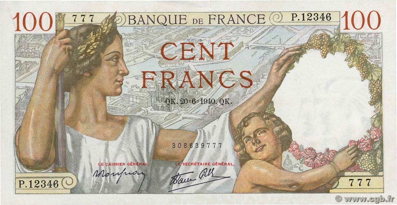 100 Francs SULLY FRANCIA  1940 F.26.32 SPL+