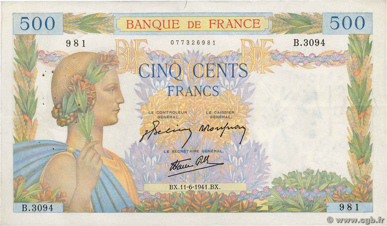 500 Francs LA PAIX FRANCE  1941 F.32.18 TTB