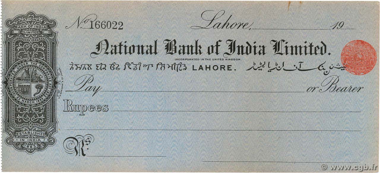 - Rupees INDIEN
 Lahore 1917 DOC.Chèque fVZ
