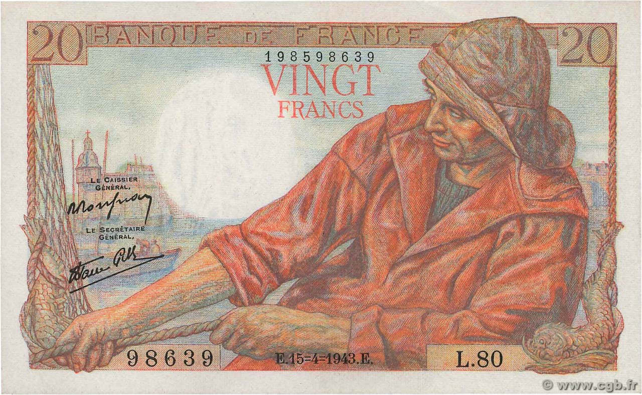 20 Francs PÊCHEUR FRANCE  1943 F.13.06 pr.SPL
