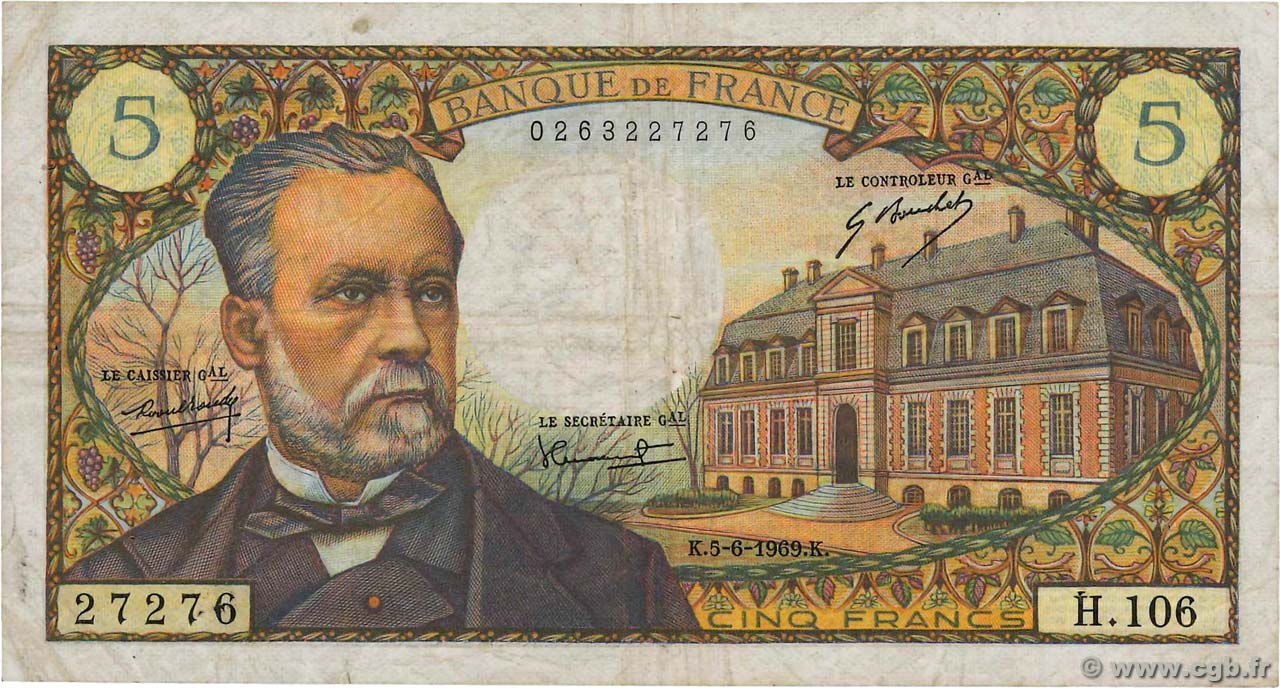 5 Francs PASTEUR FRANCIA  1969 F.61.10 q.MB