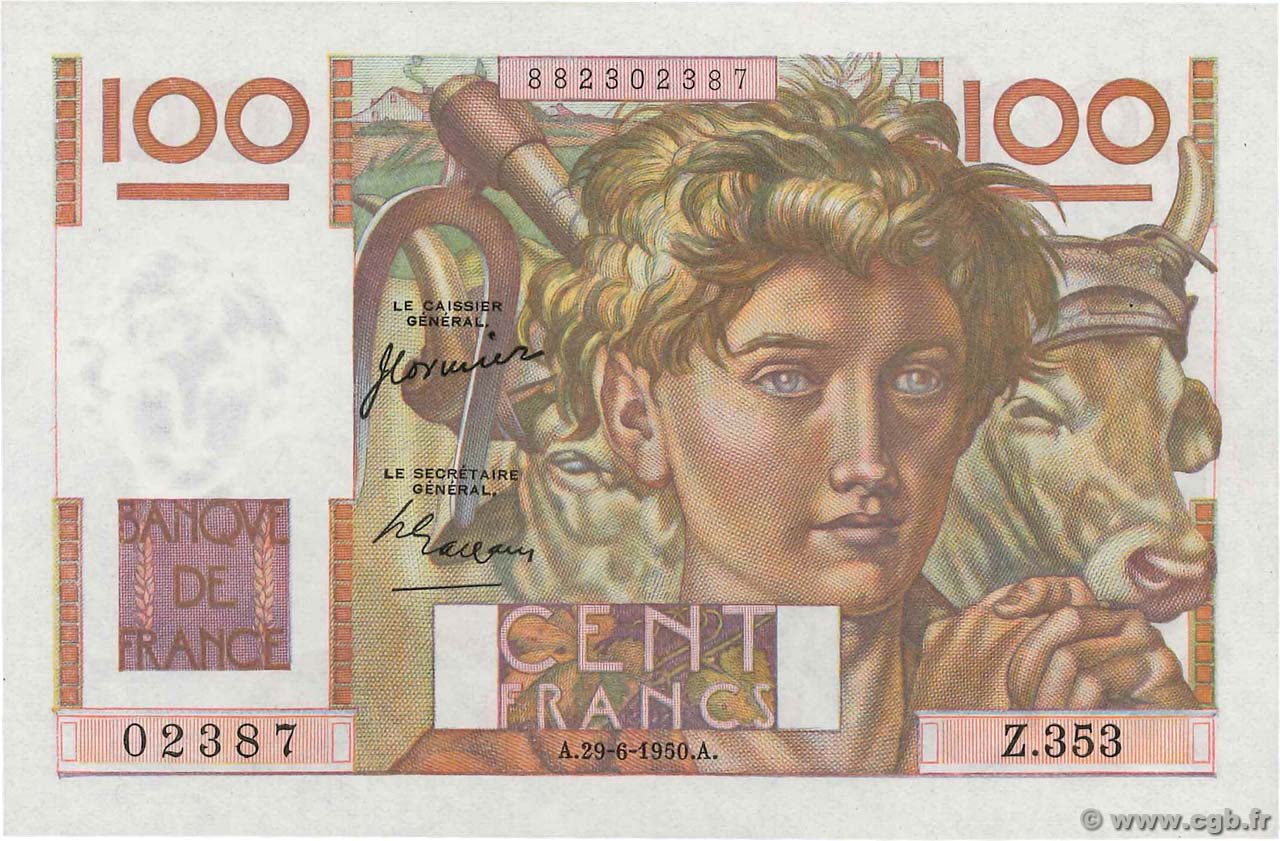100 Francs JEUNE PAYSAN FRANCE  1950 F.28.25 SPL+