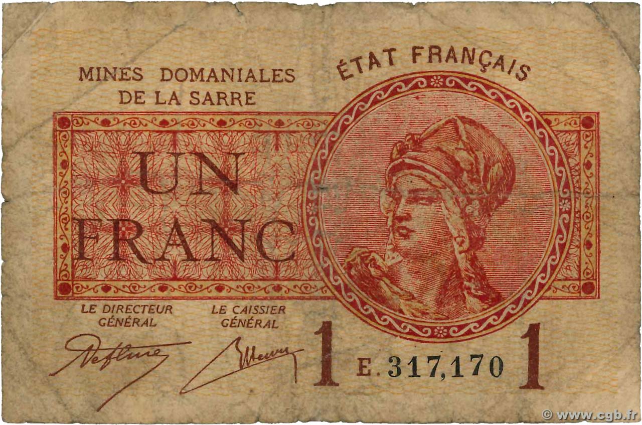 1 Franc MINES DOMANIALES DE LA SARRE FRANCE  1919 VF.51.05 AB