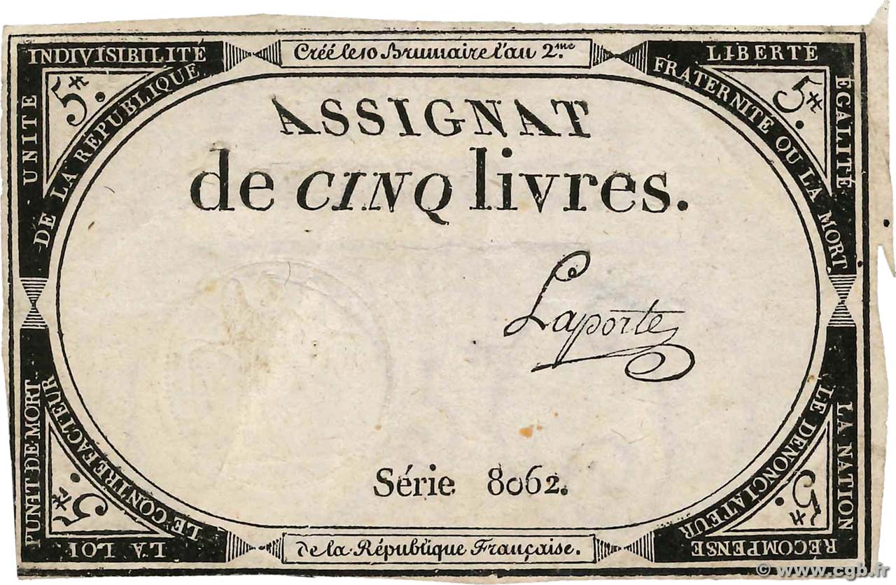 5 Livres FRANCE  1793 Ass.46a TB