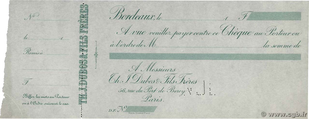 Francs Non émis FRANCE régionalisme et divers Bordeaux 1880 DOC.Chèque SUP+