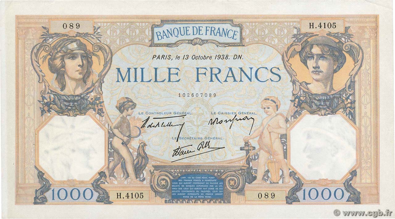 1000 Francs CÉRÈS ET MERCURE type modifié FRANCE  1938 F.38.29 VF