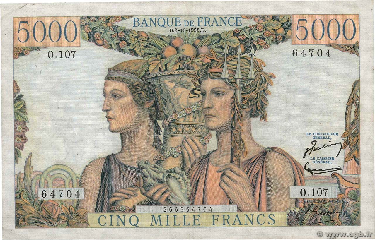 5000 Francs TERRE ET MER FRANCE  1952 F.48.07 VF