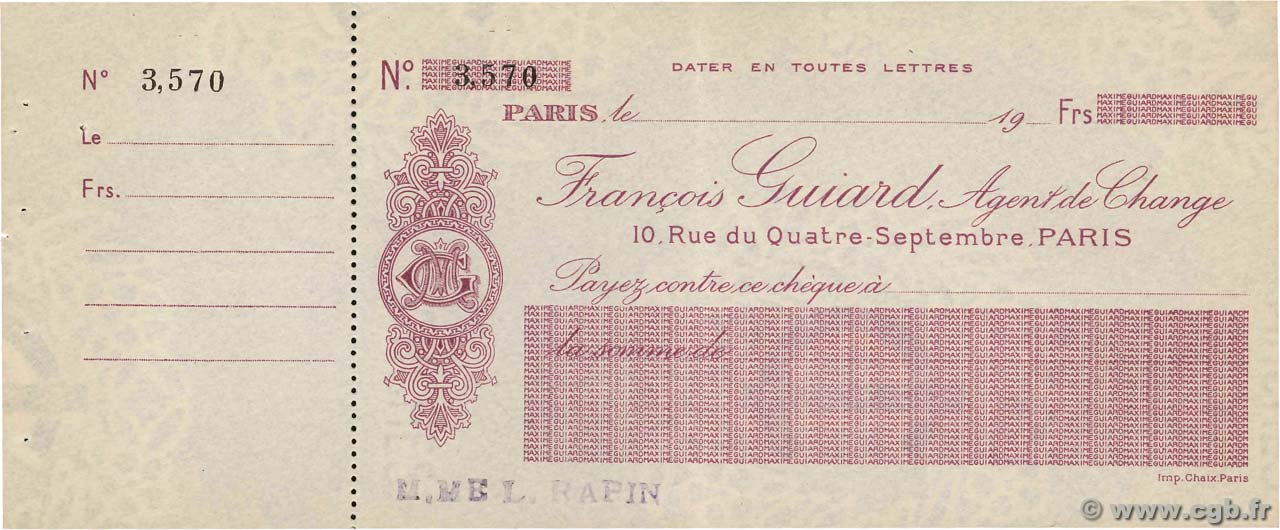 Francs FRANCE Regionalismus und verschiedenen Paris 1930 DOC.Chèque VZ+