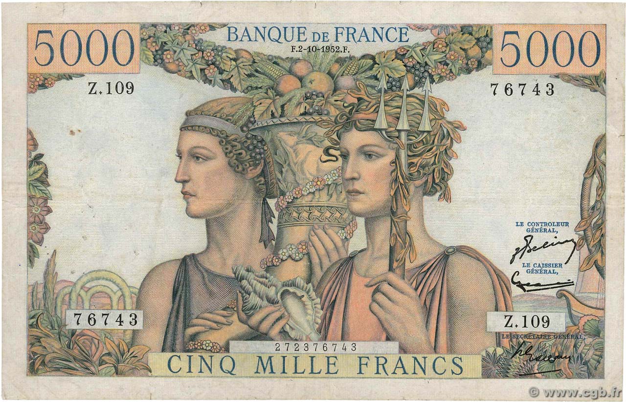 5000 Francs TERRE ET MER FRANKREICH  1952 F.48.07 S