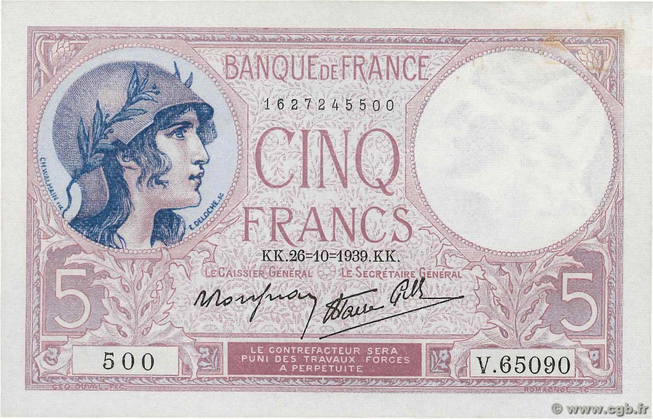 5 Francs FEMME CASQUÉE modifié FRANCE  1939 F.04.13 AU-